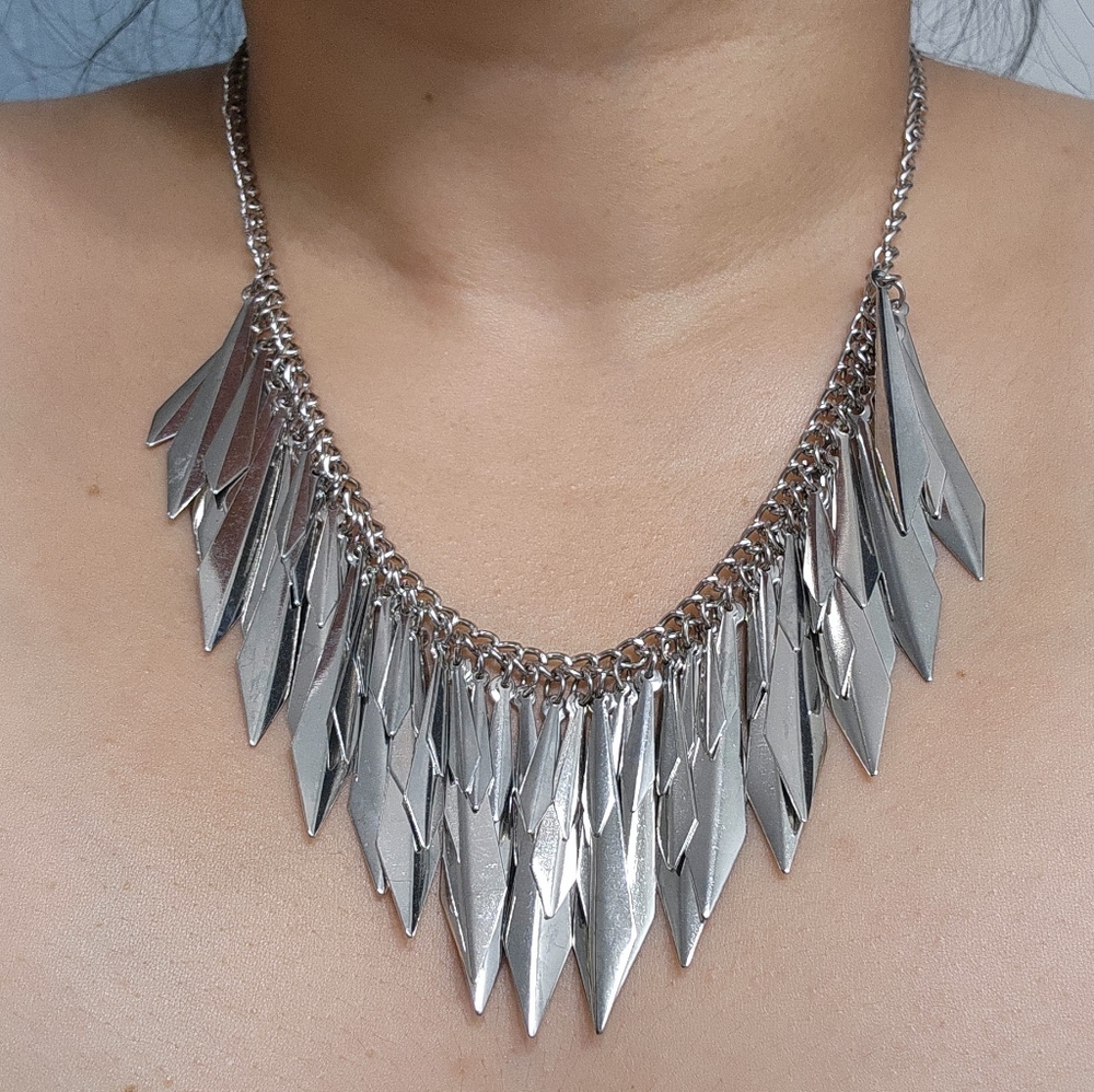 Bold Silver Dagger Fringe Statement Bib Necklace